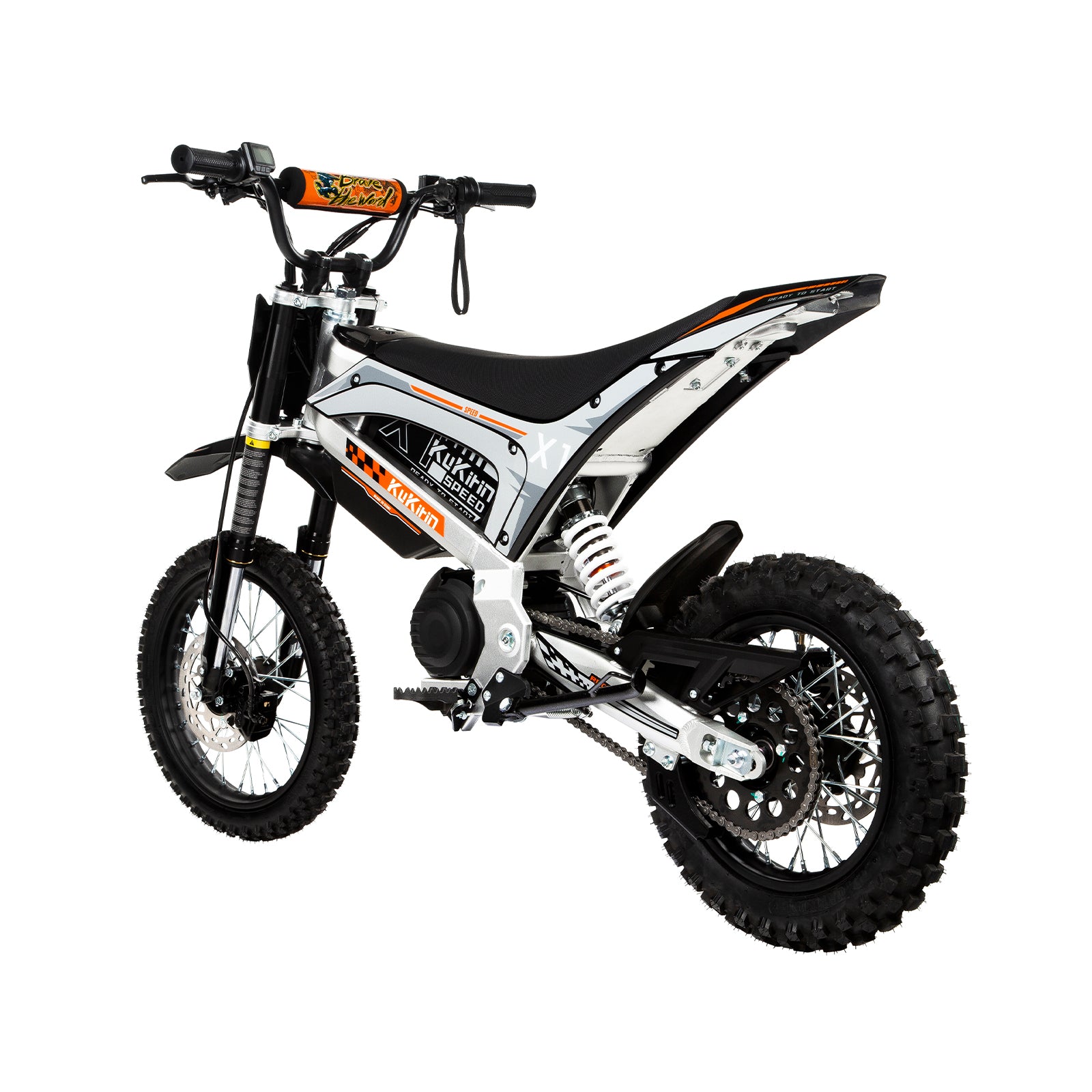 Front and rear hydraulic shock absorbers on KuKirin X1 electric dirt bike