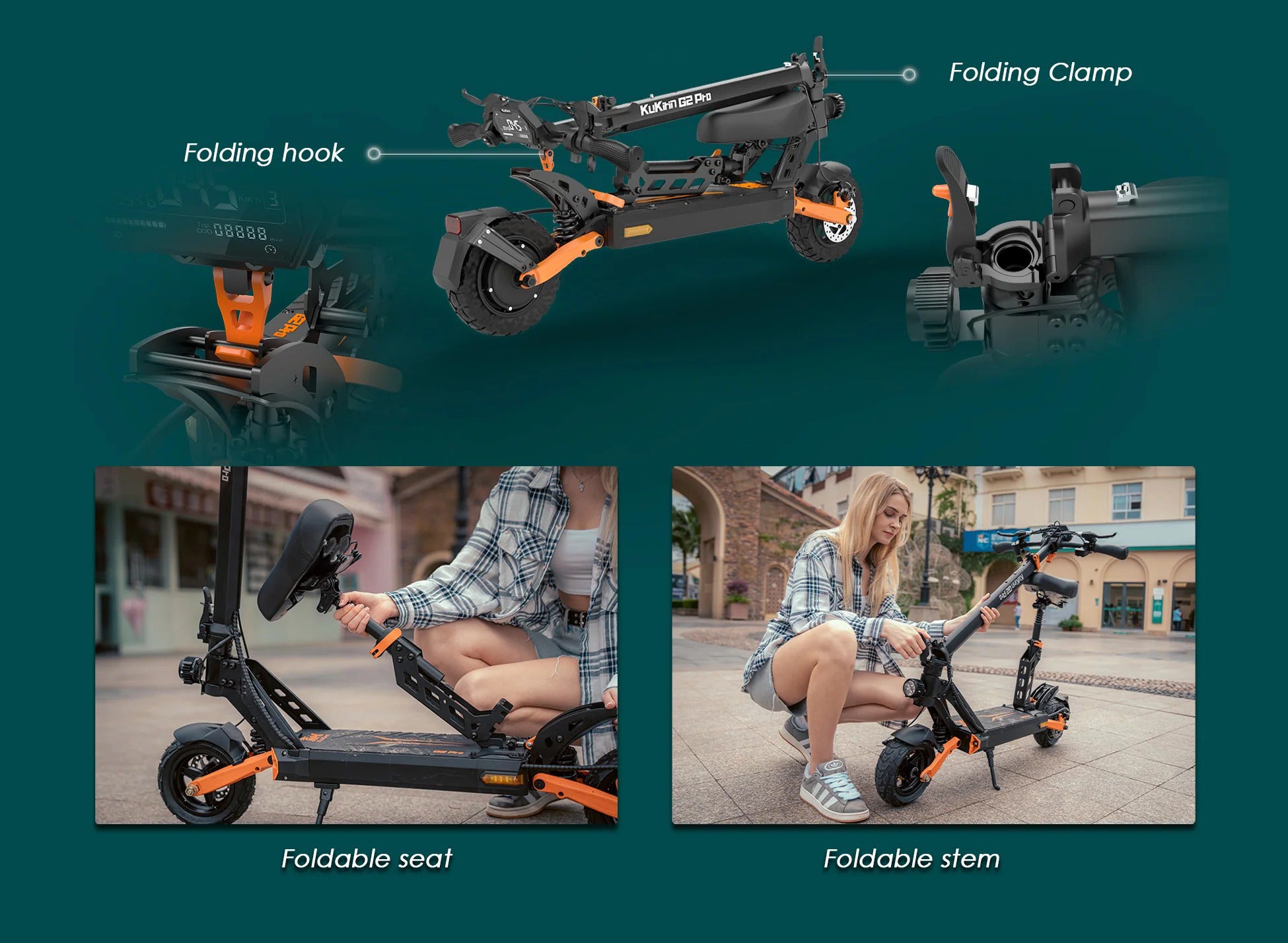 Compact Portable Electric Scooter KuKirin G2 Pro One Step Latch Mechanism