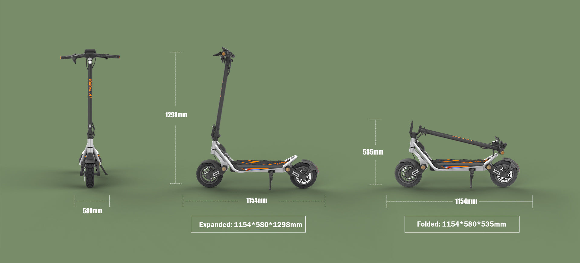 KuKirin A1 Affordable Electric Scooter Folded To Compact 1154x580x535mm Dimensions